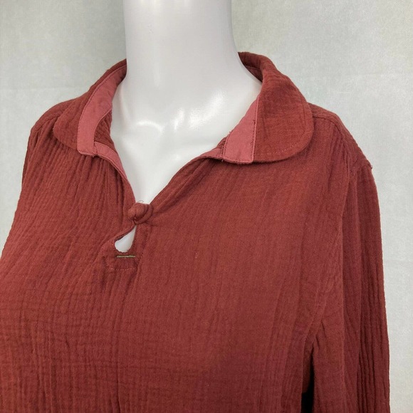 Lixhigi Shirt Womens Sz S M Maroon Brown Cotton Long Sleeve Collared Top - Picture 2 of 9